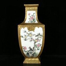 14" Antique qing dynasty Porcelain qianlong mark colour enamels flower bird vase