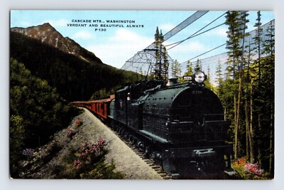 Postcard Washington Cascade Mountains WA Railroad Train 1940s Unposted Linen