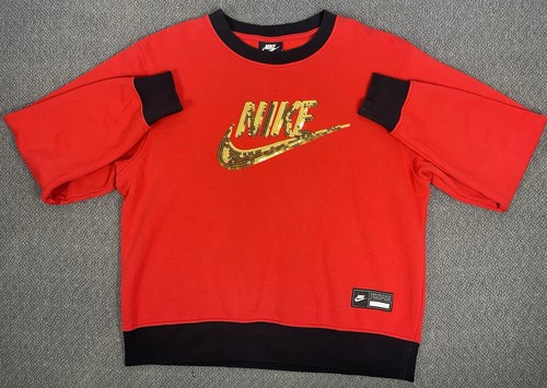 Nike CU3564-657 Red and Black Women's Crewneck with Gold Sequin Swoosh Large Fit - Picture 3 of 13