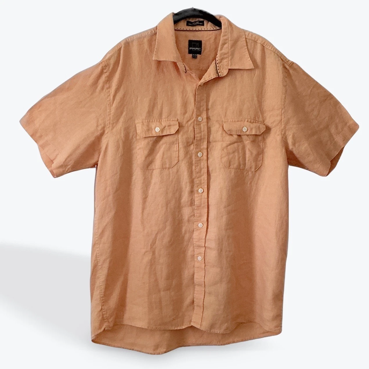 Parc 81 Mens XL 100% Linen Short Sleeve Button Down Shirt Peach Orange 17-17.5
