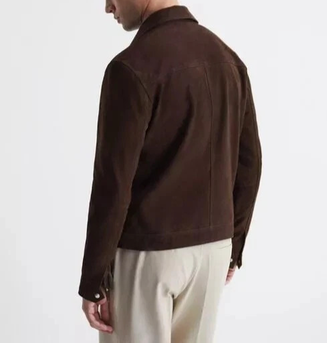 Mens Brown Vintage Suede Leather Jacket Slim Fit Bomber Biker Trucker Jacket L - Picture 2 of 5