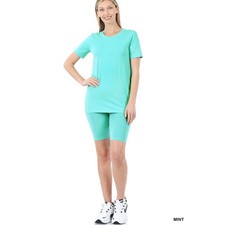 Zenana Cotton Crew Neck Short Sleeve top  biker Shorts set Mint -Large