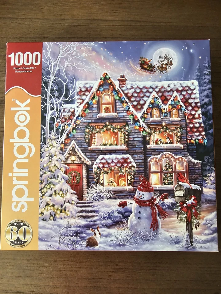 SPRINGBOK "Christmas Eve Cottage" puzzle 1000 pcs Santa Reindeer Snowman Puppy - Image 2 of 4