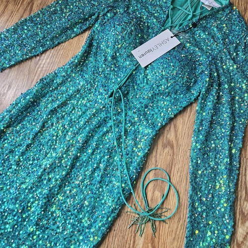 New Ashley Lauren Aquamarine Blue Sequin Formal Dress Corset Long Sleeve Size 6 - Picture 2 of 10
