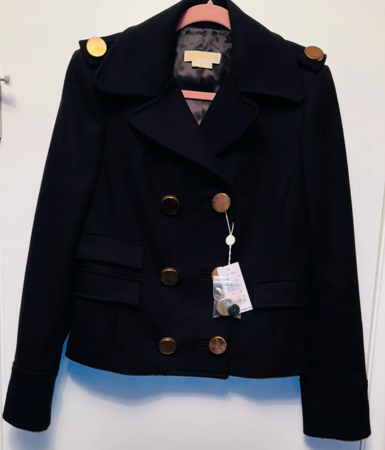 Cappotto Michael Kors Made In Italy nero lana pea ~ bottoni oro taglia 10 nuovo con etichette $1.995