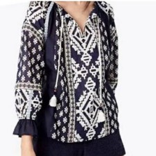 Tory Burch Long Sleeve Tunic Blue White Embroidered Batwing Sleeves Boho Size SM