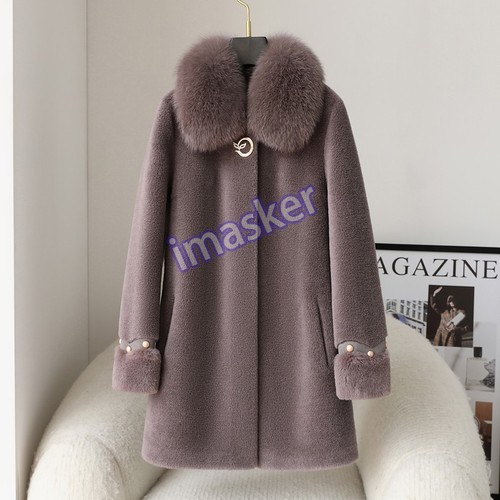 Manteau mi-long femme col fourrure renard véritable peau de mouton 100% laine chaud hiver - Photo 23/27