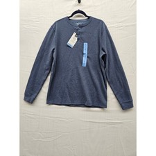 Members Mark Mens Thermal Henley Shirt Blue Waffle Knit Long Sleeve L