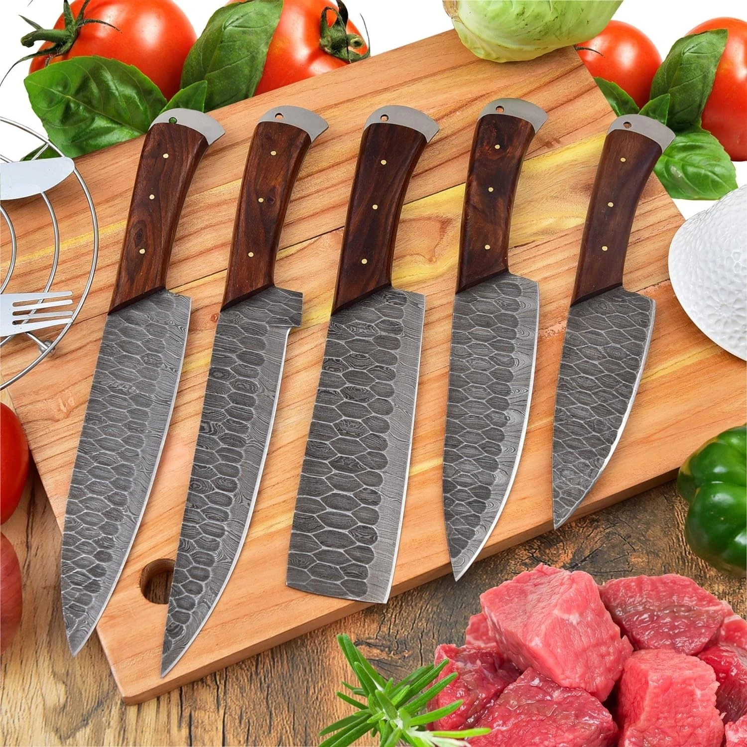 Handmade Damascus Style 5pc Chef set / Rosewood handle / Ship From USA
Opens in a new window or tab