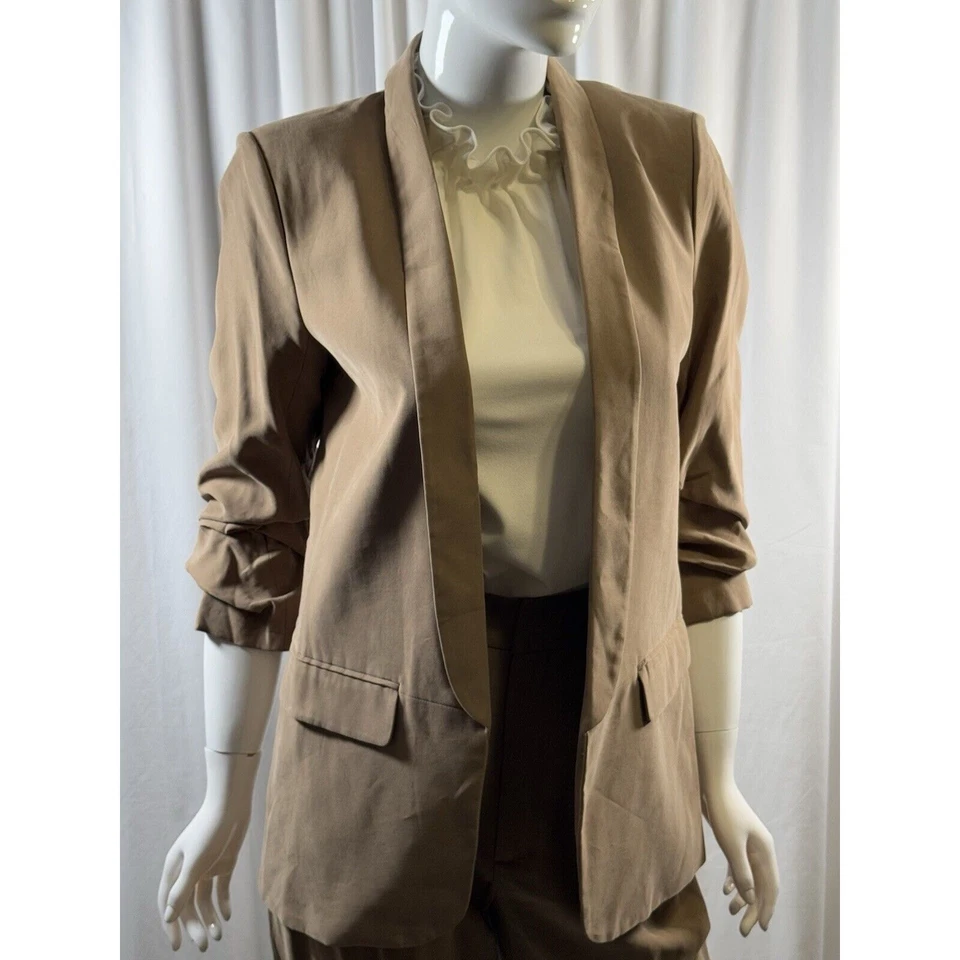 ZARA Flowy Ruched Sleeves Oversized Open Blazer, Khaki/ Taupe, Sz: M, 84-15 - Image 3 of 4