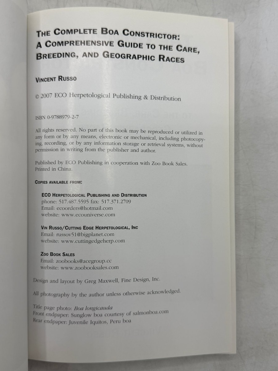The Complete Boa Constrictor Vincent Russo 2007 Herpetology