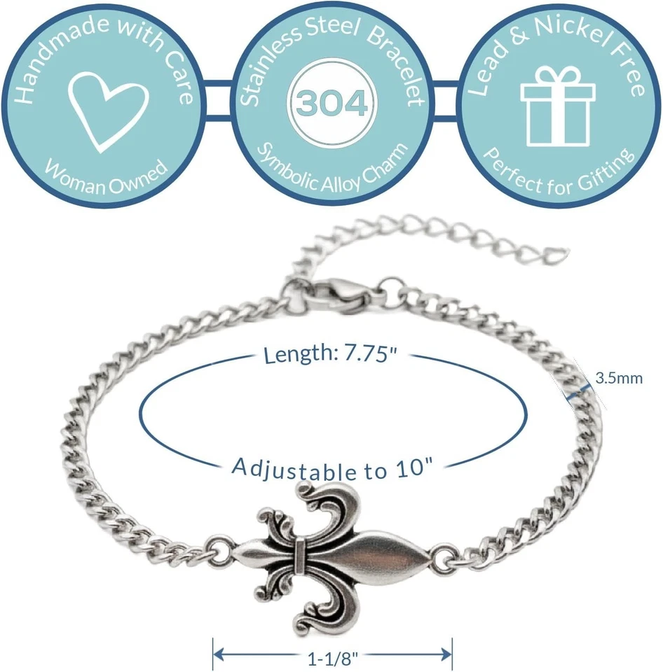 Stainless Steel Fleur de Lis Handmade Adjustable French Monarch Charm Bracelet - Image 2 of 4