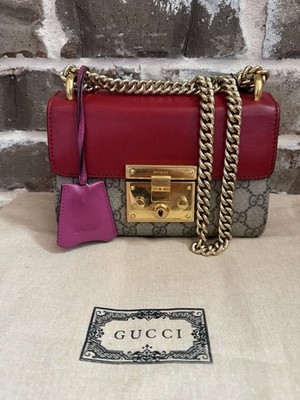 GUCCI GG Supreme Padlock Small Shoulder Bag Red Pink Chain Leather Authentic