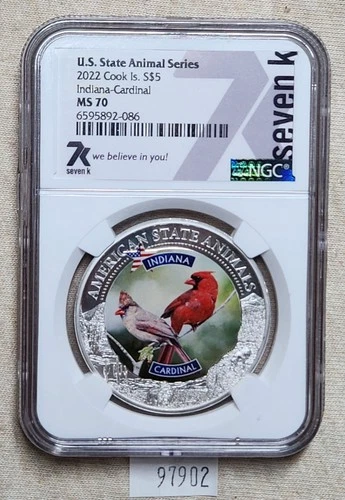 WPCoins ~ 2022 Cook Islands US State Animal Series $5 Indiana Cardinal NGC MS70