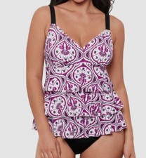 Swim Solutions Women Purple Printed Tiered Fauxkini One-Piece Swimsuit Size 18