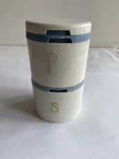 Vtg Tupperware Salt & Pepper Shakers Stack S P Blue White Compact With Lid Cover