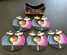 BOLIVIA HANDPAINTED VINTAGE COASTERS SOUVENIR BARWARE wooden