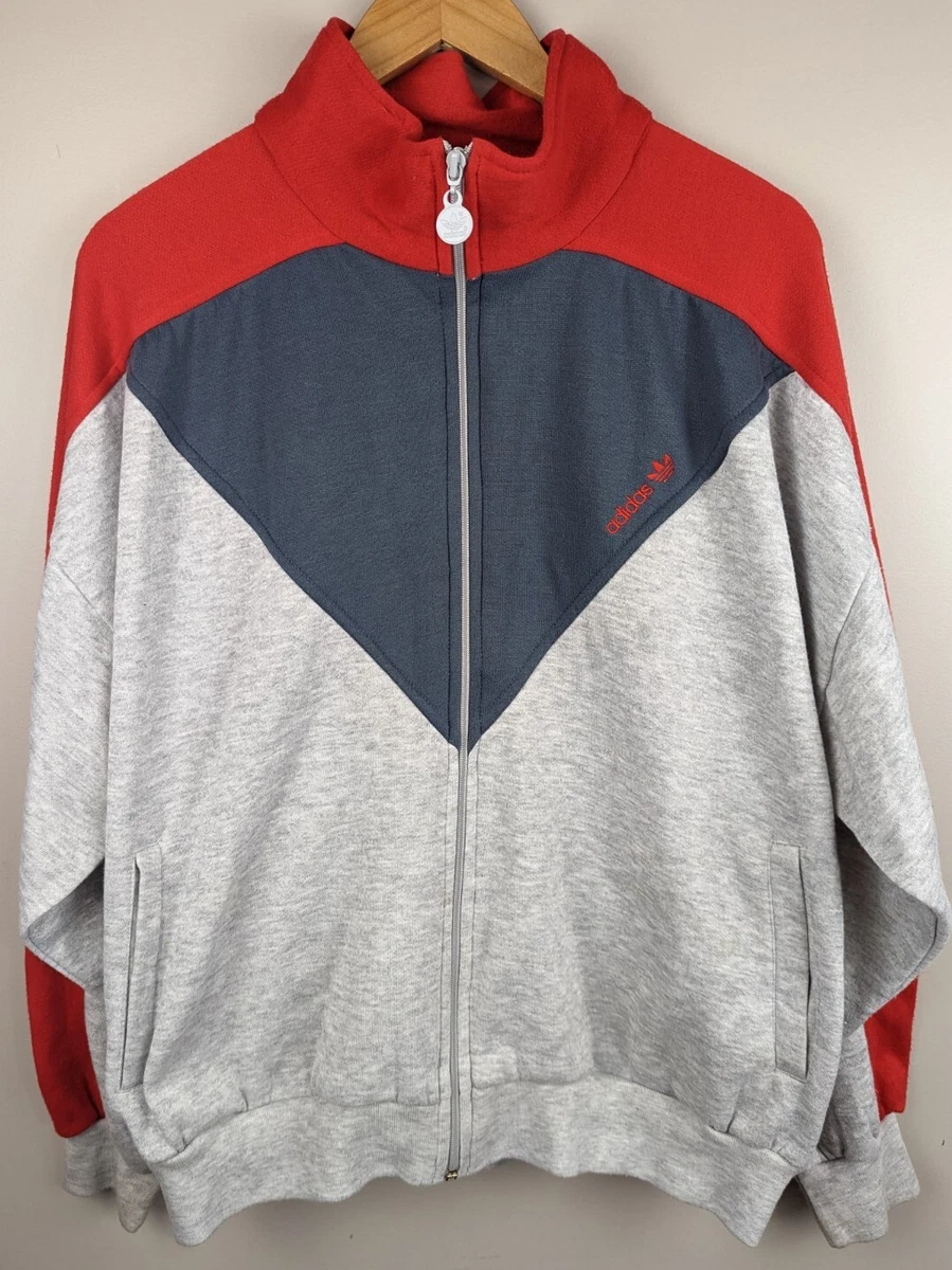 Vintage Adidas 80's Original Trefoil Grey Red Track Jacket RUN DMC Rare Large