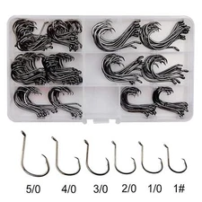 160 Offset Circle Fishing Hooks/Box - Black High Carbon Steel: Sizes #1-5/0