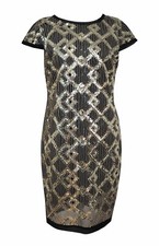 New VINCE CAMUTO 4 Dress Black Gold Sequin Diamond Design Cap Sleeve Sheath NWT