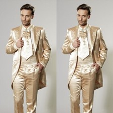 Gold Silk Satin Men's Suits Peak Lapel Formal Party Wedding Groom Men Tuxedos