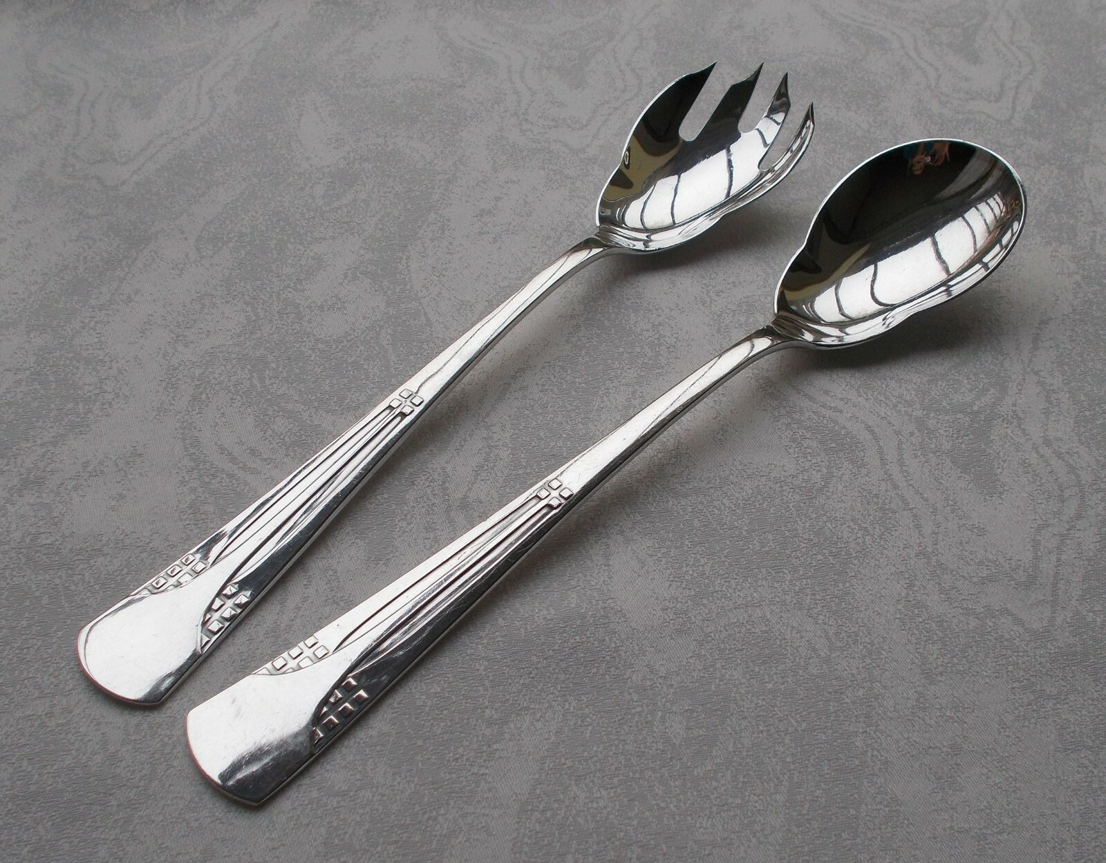 Details zu *RAR* Seltenes Salatbesteck Jugendstil Würfelmuster wohl WMF Mod. 34 um 1907 Super profitabel neu