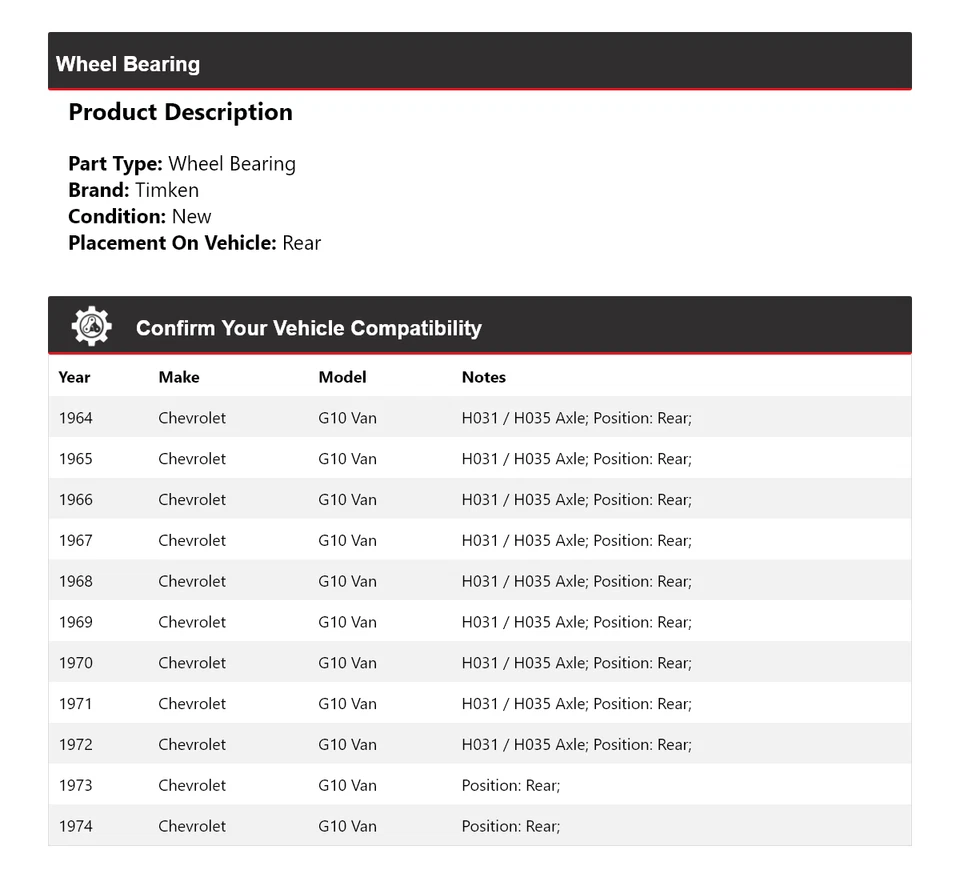 Cojinete de rueda trasero para camioneta Chevrolet G10 1964-1974 Timken 1965 1966 1967 1968 Foto 2 de 4