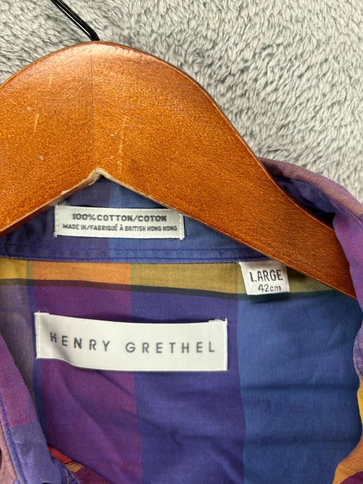 Camisas masculinas grandes vintage Henry Grethel com botões multi arco-íris xadrez manga longa - Imagem 3 de 4