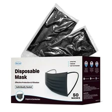 WeCare Disposable Face Mask, 3-Ply with Ear Loop 50 Individually Wrapped - Black