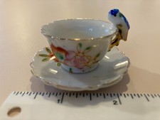 Miniature Teacup w Bird Parrot Handle Gilded Trim Cup Saucer Set Made in Japan
