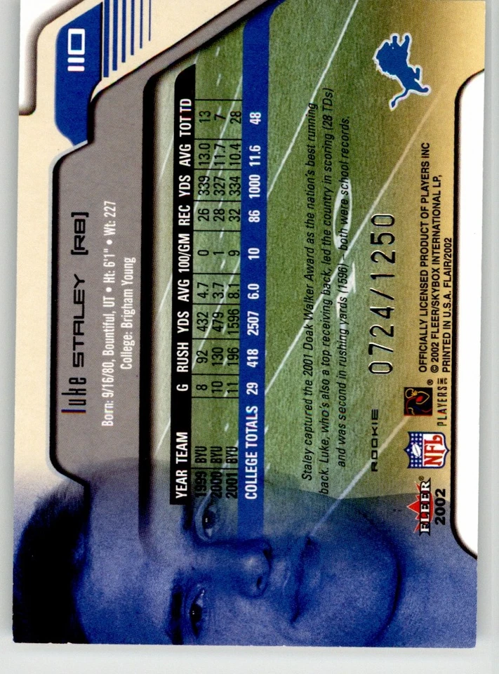 Luke Staley 2002 Flair 110 #/1250 Detroit Lions Rookie - Image 2 of 2