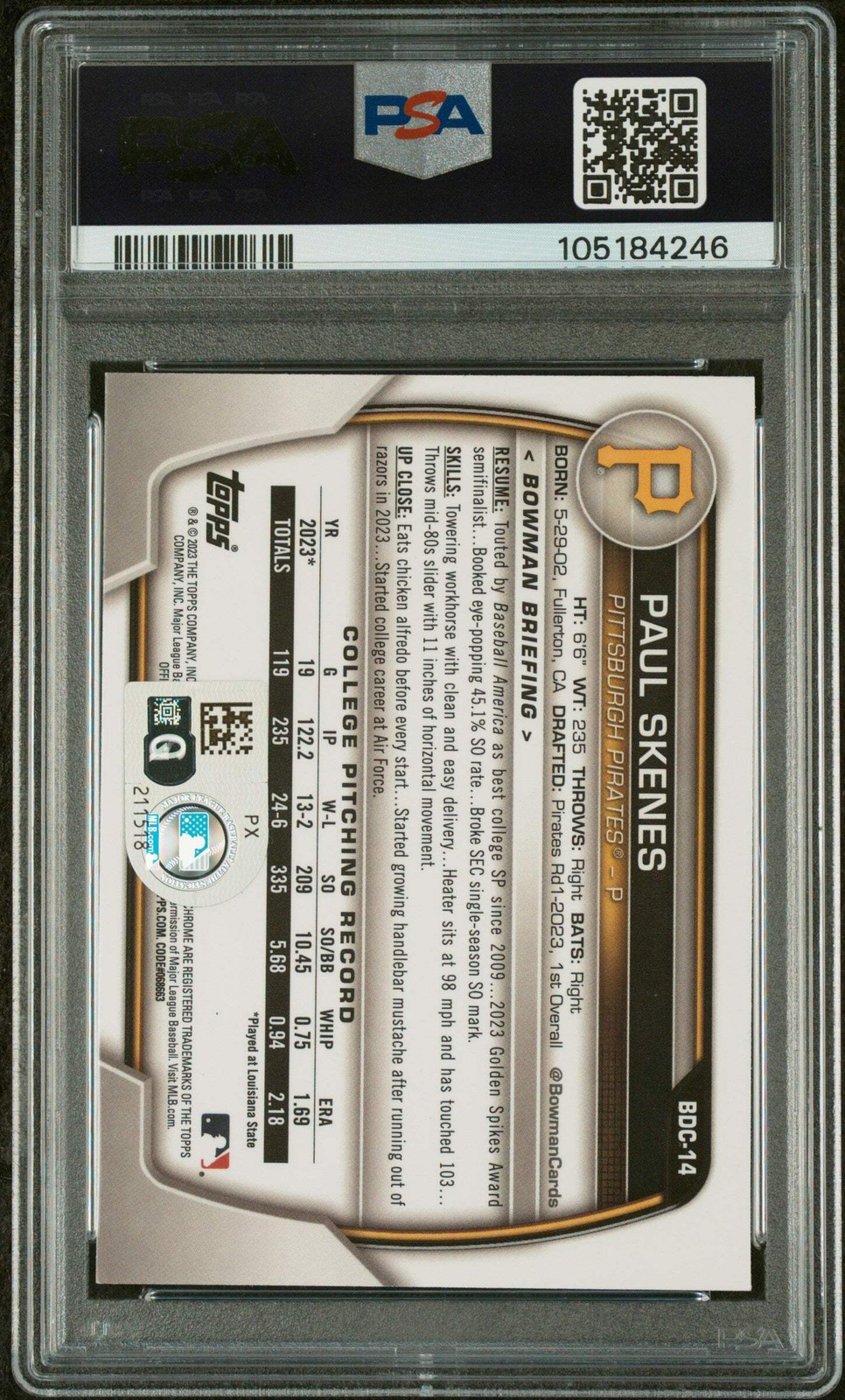 Graded 2023 Bowman Draft Paul Skenes #BDC14 Chrome RC Baseball Card PSA 10 Auto view 2