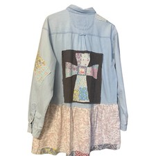Upcycled Tunic Top XL Denim Patchwork Cross Art To Wear Gypsy Eco Boho Relaxed
