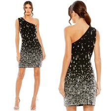 Mac Duggal 10973 One Shoulder Crystal Drop Mini Dress Size 12 NWT Black
