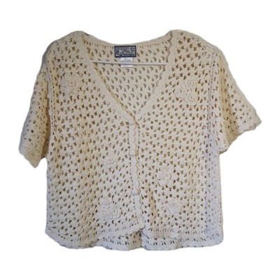 Vintage April Cornell Crochet Cardigan Women s M Ivory Floral Cottagecore Boho