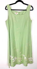 TALBOTS Women's 14P Dress Green Linen Blend Lined Floral Embroidered Square Neck
