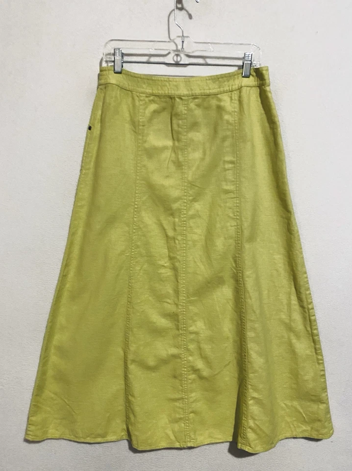 Falda Sigrid Olsen Mujer 8 Chartreuse Verde Mezcla de Lino Línea A Midi Boho Y2K Foto 3 de 4