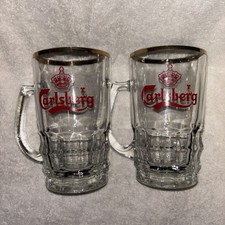 Vintage Carlsberg Beer Glass Mugs Set of 2 Red Logo Gold Rim Heavy Dimpled Glass