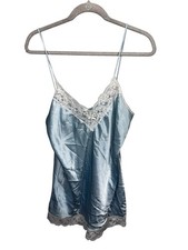 Vintage Dawn to Dusk Blue Satin Lace Trim Camisole Nightie Sleepwear Size Medium