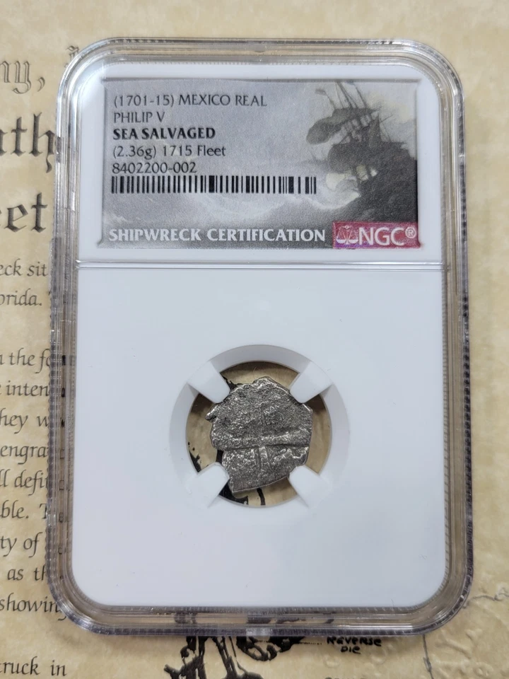 1715 FLEET Mexico Silver 1 Real NGC Certified CABIN WRECK w/ COA *K739 - Image 2 of 4