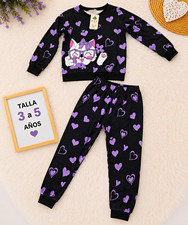 Kids 2pc Pajama Set Long Sleeve Cat Hearts Black Purple White 3-5 Years