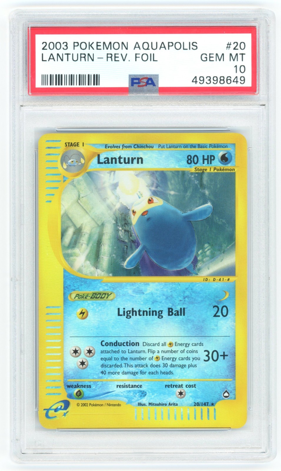 PSA 10 Lanturn 20/147 Reverse Holo Aquapolis Pokemon 2003 - POP 7
