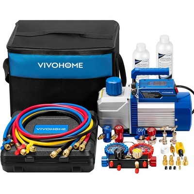 5CFM 1/2HP 2 Stage AC Vacuum Pump Kit HVAC & Manifold Gauge Set R134a R410A Auto