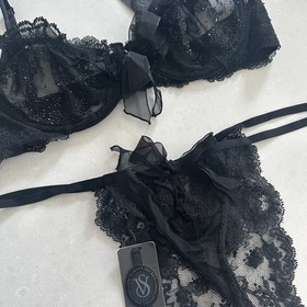 Victoria's Secret Designer Swarovski Crystal Black 36B Bra & L Thong Set