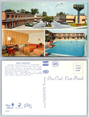 Vintage MOTEL METROPOLE Montreal Quebec Canada Postcard 1960s Pool Cars