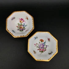 Hand Painted Octagon Floral Salt Cellars Dips Trident Mark Bottom