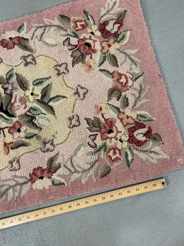 antique rug carpet scatter hooked cotton pink green floral 24x48 original 1940 
