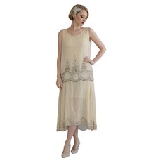 VTG 1920s Flapper Dress Silk Chiffon Cream Beaded Gatsby Art Deco Display Large