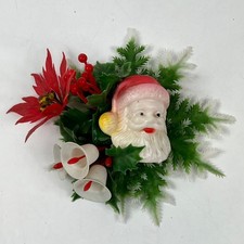 Vintage Plastic Santa Face Christmas Wall Ornament Decor Bells & Foliage 6"