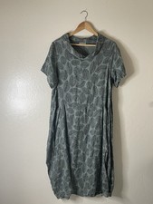 Anna Melan Linen Leaves Print Cowl Neck Short Sleeve Dress Green resortwear boho